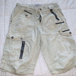 Khaki cargo shorts.
